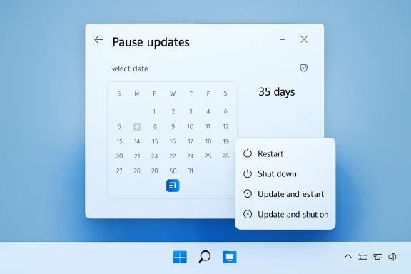 Windows “Pause updates” dialog shows a date picker, 35 days selected, with options to restart, shut down, or update.