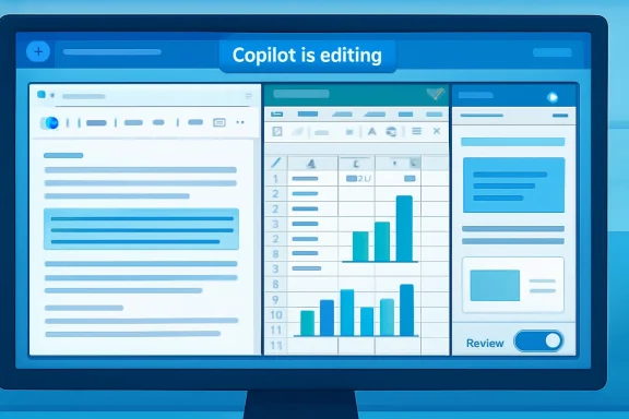 Close-up of a computer screen showing “Copilot is editing” with document and chart panels.