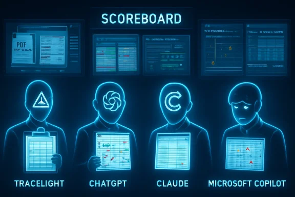 Neon “Scoreboard” image showing AI assistants labeled TraceLight, ChatGPT, Claude, and Microsoft Copilot.