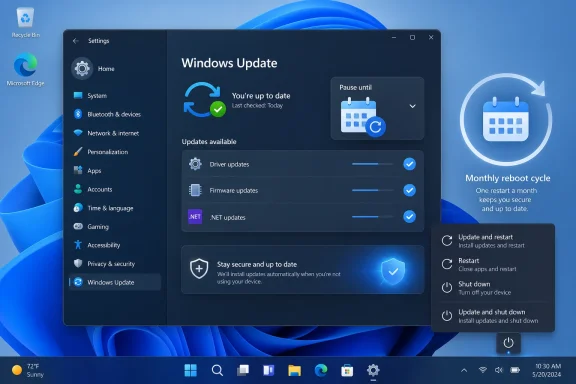 Windows 11 Windows Update screen shows “You’re up to date” with pause, restart options, and monthly reboot cycle.