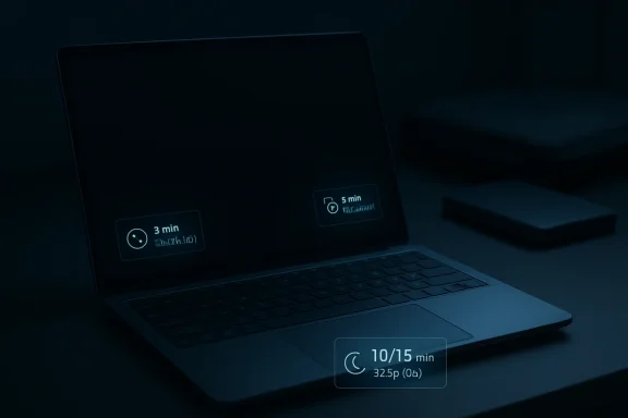 Dark laptop screen shows glowing productivity timers: 3 min, 5 min, and 10/15 min.