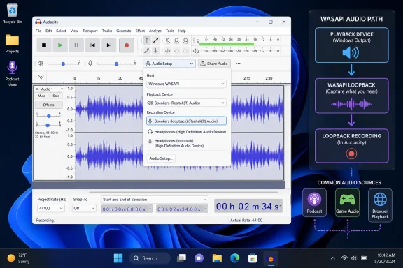 Audacity settings window open on Windows, configuring WASAPI loopback audio playback and recording.
