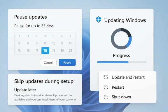 Windows update options showing pause updates, updating progress, and restart/shutdown choices.