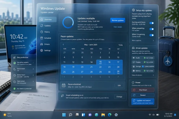 Windows Update screen showing update availability, scheduling, and driver options on a desktop with office items.