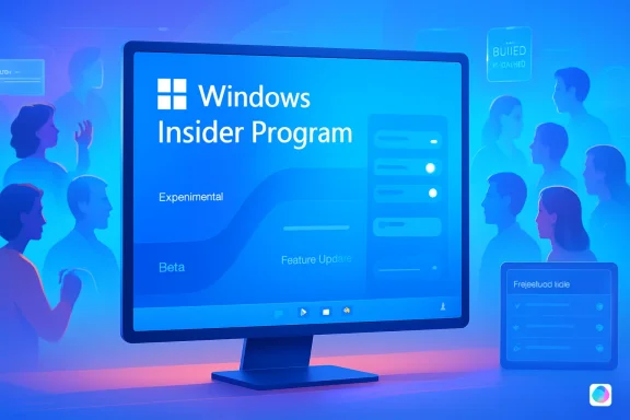 Futuristic desktop monitor showing “Windows Insider Program” on a blue tech-themed background.