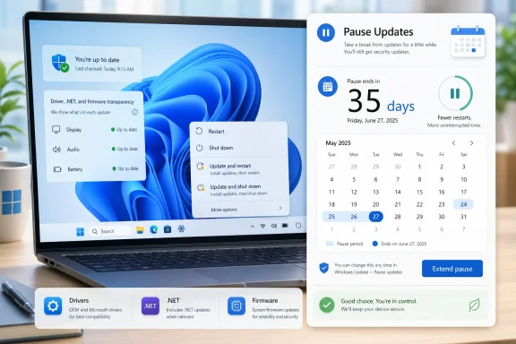 Laptop screen shows Windows Update “Pause Updates” with restart/shutdown options and a 35-day resume countdown.