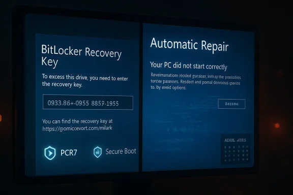 Windows BitLocker recovery screen with “Automatic Repair” asking for the recovery key.