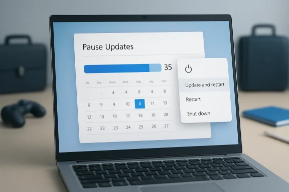 Laptop screen shows “Pause Updates” with 35% progress and an “Update and restart” menu.