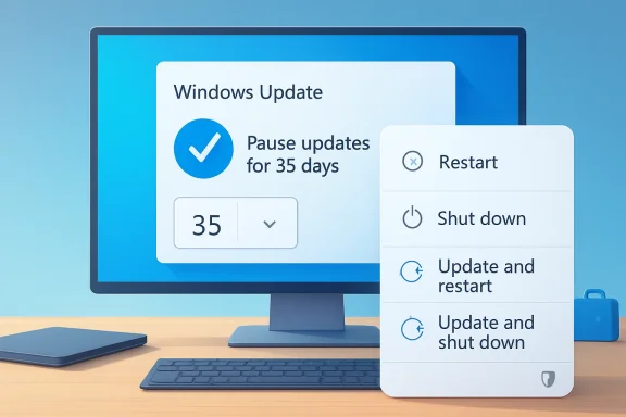 Windows update screen showing “Pause updates for 35 days” with restart/shutdown options.