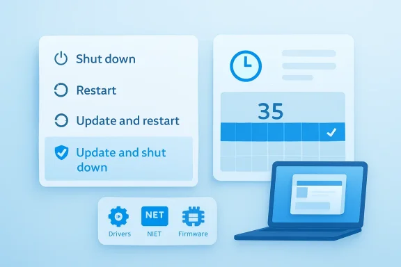 Illustration of system update options—shut down, restart, and update on a laptop with 35 notification.