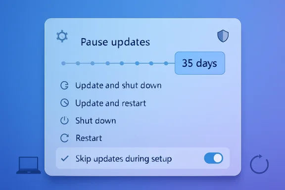 Blue UI screen showing “Pause updates” for 35 days with options like update, restart, and shutdown.
