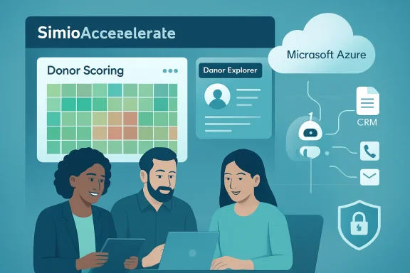 Illustration of a team using “SimoAccelerate” with Microsoft Azure, donor scoring, and CRM icons.