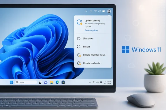 Windows 11 update pending screen on a laptop desktop with a keyboard and mouse on a desk.