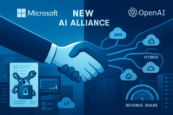 Microsoft and OpenAI logos above a handshake image promoting a “New AI Alliance” with AWS and hybrid cloud icons.