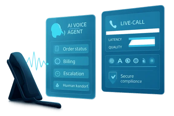 Two screens show an AI voice agent and live-call latency/quality metrics beside a phone.