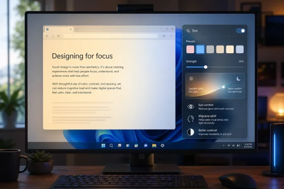 Desktop monitor shows design text “Designing for focus” alongside a “Tint” eye comfort settings panel.