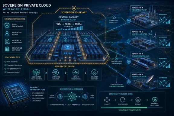 Infographic shows sovereign private cloud architecture with Azure local, central facility, and edge AI sites.