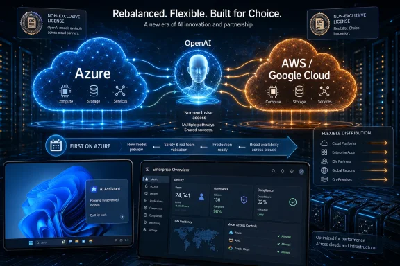 Futuristic graphic showing Azure, OpenAI, and AWS/Google Cloud integration with flexible license messaging.
