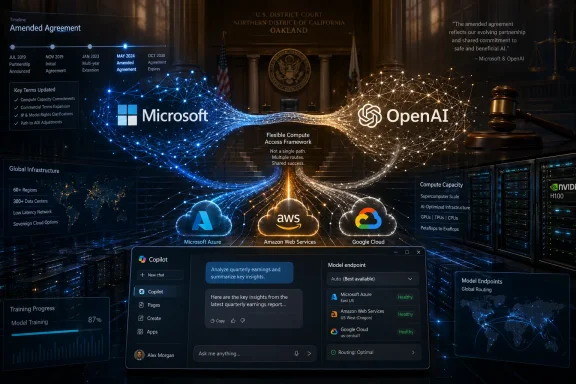 Courtroom-backed AI partnership graphic linking Microsoft, OpenAI, AWS, and Google Cloud with networked data streams.