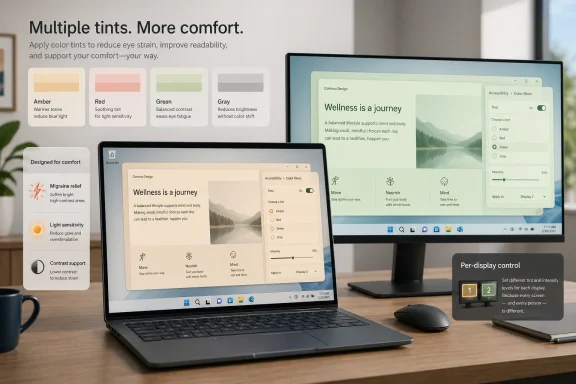 Office monitors show accessibility “color filters” with tint options (amber, red, green, gray) and per-display control.