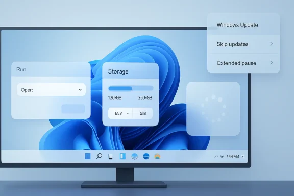 Windows 11 desktop with Storage and Windows Update menus displayed.