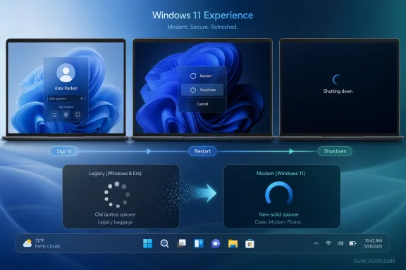 Three laptops display Windows 11 sign-in and restart/shutdown screens with modern vs legacy spinner comparison.