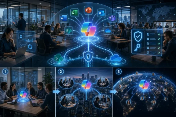 Office team collaborating with cloud and cybersecurity icons over a glowing central cloud computing hub.