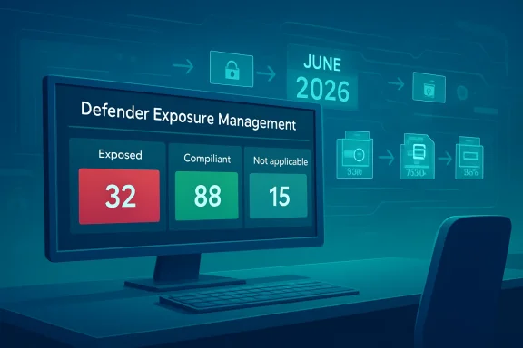 Digital dashboard on a monitor showing “Defender Exposure Management” with exposed 32, compliant 88, not applicable 15.