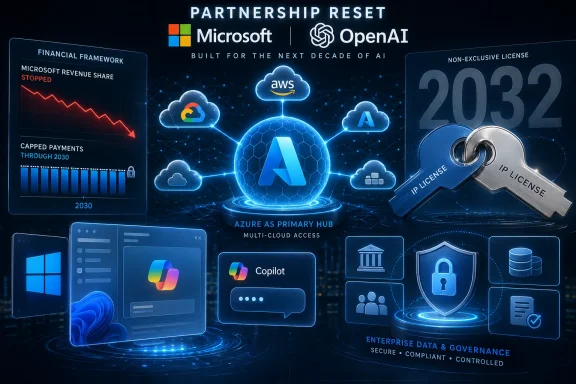 Tech graphic showing Microsoft and OpenAI partnership with cloud, Azure, data governance, and licensing for 2032.