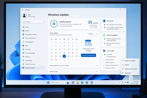 Windows Update screen shows updates paused for 35 days on a desktop monitor.