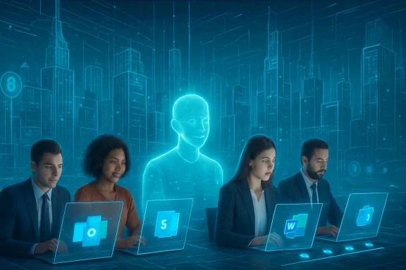 Team of professionals in a blue cyber-tech interface, with a glowing AI head hovering behind laptops.