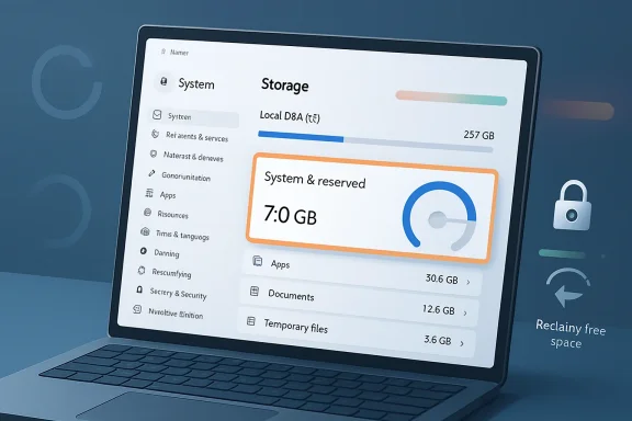 Laptop screen shows Windows-style Storage settings with system usage and free space indicators.