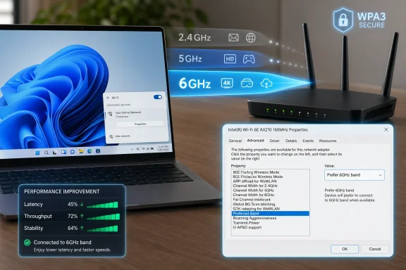 Laptop and Wi‑Fi router with secure connection and settings shown for 2.4/5/6GHz bands, including 6GHz preference.