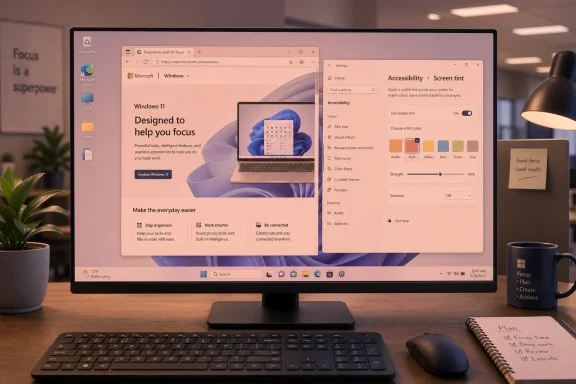 Dual displays show Windows 11 settings with Accessibility “Screen tint” on a desk beside keyboard and mug.