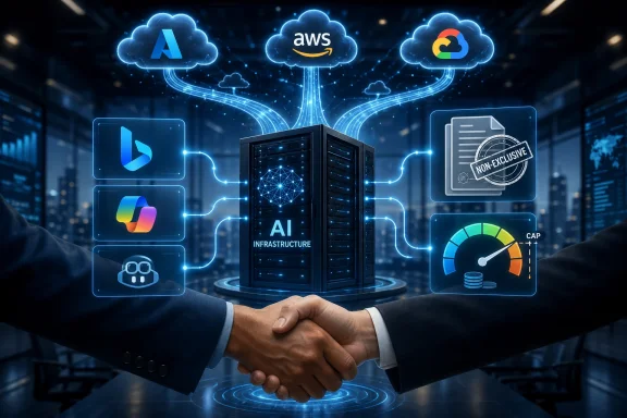 Handshake in a data center with cloud and AI service icons connecting to server infrastructure.