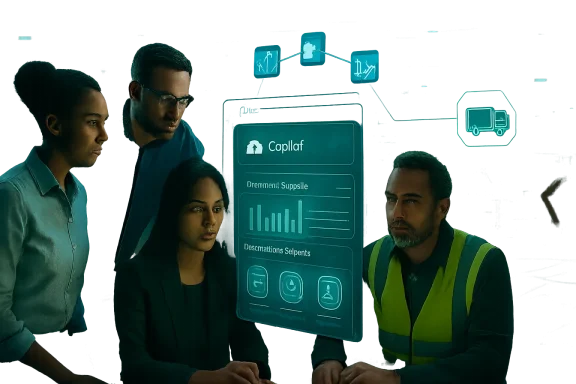 Team in an office studies a glowing analytics screen, with a worker in a high-visibility vest watching.