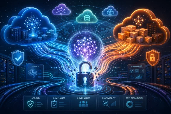 Dual cloud network shows AI models and applications with a central encrypted key lock and glowing security circuits.