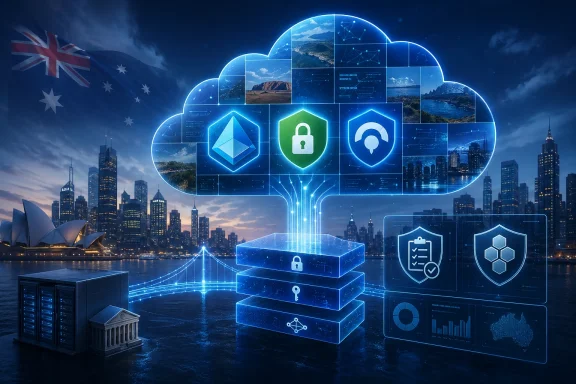 Futuristic cloud and data security icons over a city skyline with server racks and blue digital HUD graphics.