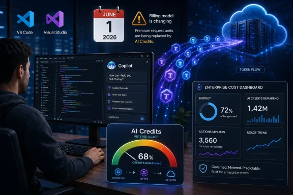 Developer at a workstation uses Copilot on-screen while an AI credits dashboard and cloud token flow display billing changes.