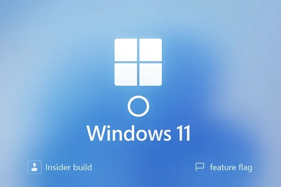 Windows 11 splash screen with logo, “Insider build,” and “feature flag” icons on a blue background.
