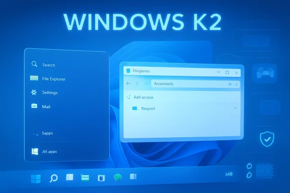 Windows K2 interface mockup showing File Explorer and a folder window on a blue desktop background.