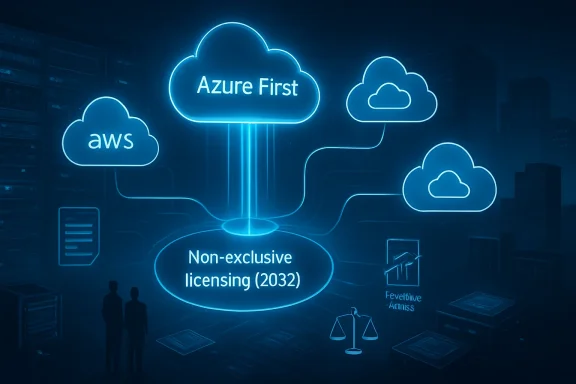 Cloud network diagram showing “Azure First” and “Non-exclusive licensing (2032)” connected to AWS and others.