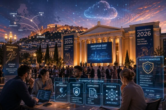 Business conference in Athens with “Panathēnea 2026” signage, AI startup displays, and a futuristic cloud network backdrop.