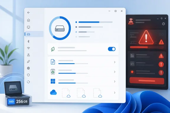 Dashboard-style software interface showing SSD/storage management with warnings on a dual-screen setup.