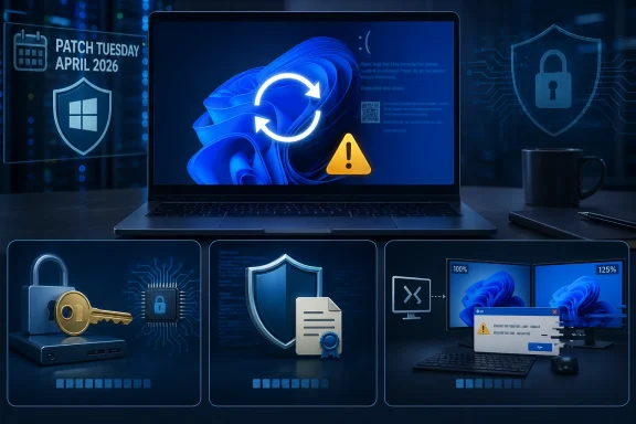 Blue tech-themed laptop screens show a Windows update error warning with security and patch icons.