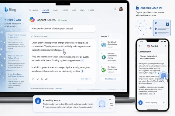 Screenshot of Bing Copilot Search showing sources and a responsive answer on desktop and mobile devices.