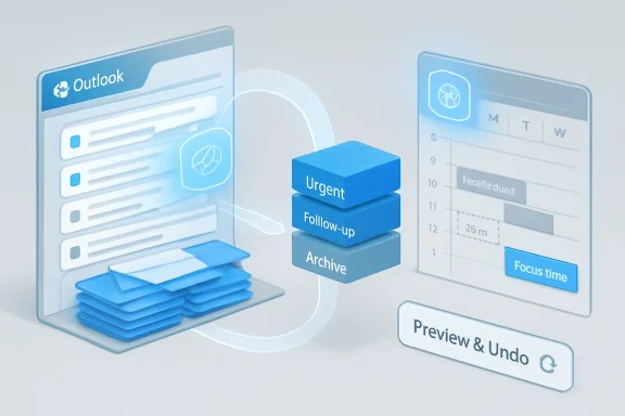 3D illustration of Outlook email workflow with urgent, follow-up, archive boxes and a calendar focus view.