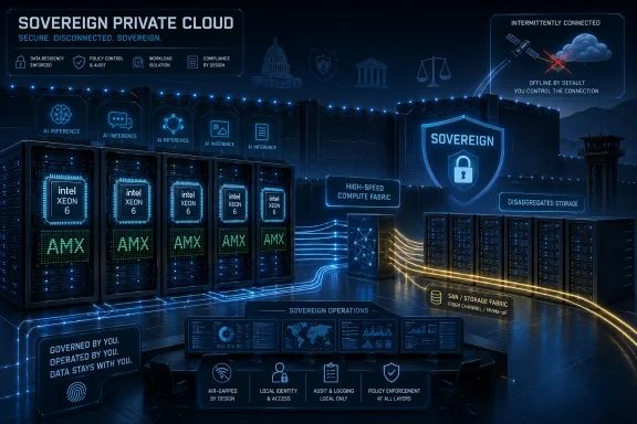 Digital data center showing a “Sovereign Private Cloud” with secure, disconnected server and storage network visuals.