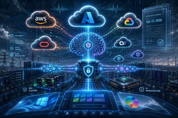 Futuristic cloud and AI infrastructure network with AWS/Google icons, secure data pipeline, and an illuminated skyline.