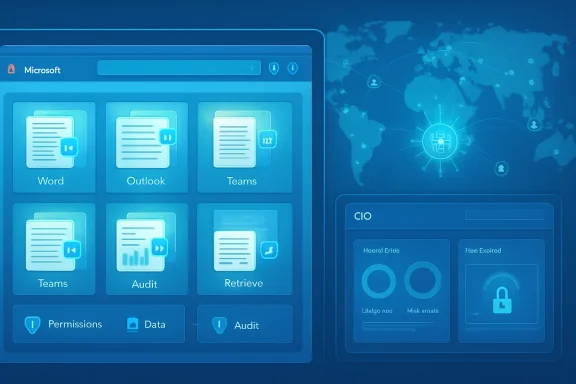 Blue interface showing Microsoft apps (Word, Outlook, Teams) alongside security and cloud CI0 analytics.